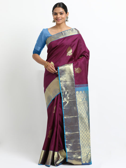 Vibrant Wine Body With Sky Blue Pallu Kanchipuram Pure Silk ( YNG-14 )