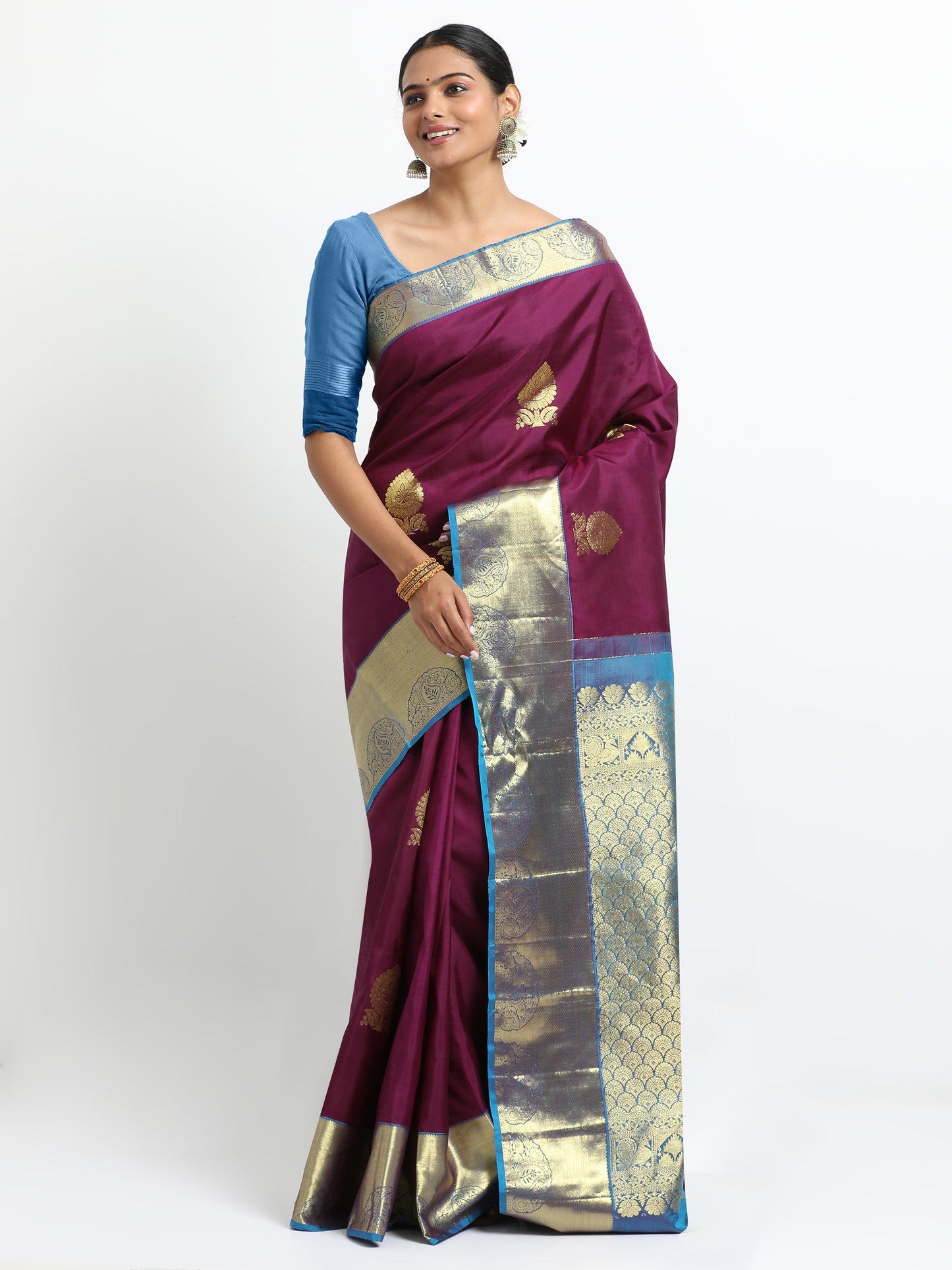 Vibrant Wine Body With Sky Blue Pallu Kanchipuram Pure Silk ( YNG-14 )