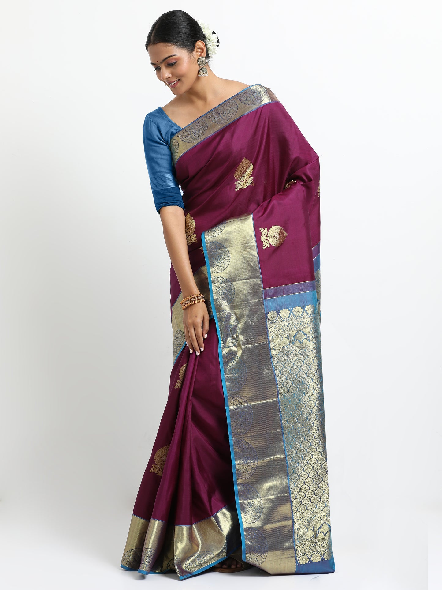 Vibrant Wine Body With Sky Blue Pallu Kanchipuram Pure Silk ( YNG-14 )