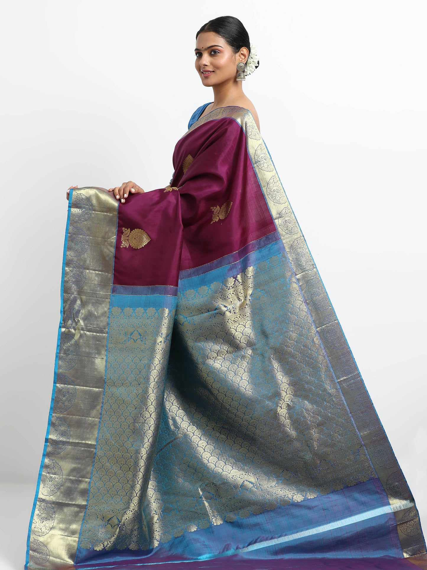 Vibrant Wine Body With Sky Blue Pallu Kanchipuram Pure Silk ( YNG-14 )