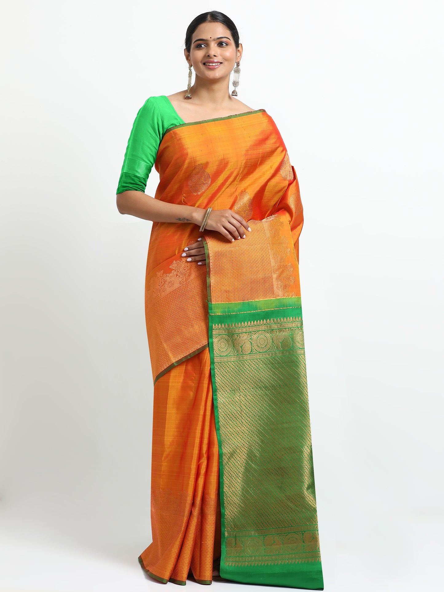 Dual Tone Gold And Rani Pink Tone Body With Green Pallu Kanchipuram Pure Silk ( MDP-KN6 )