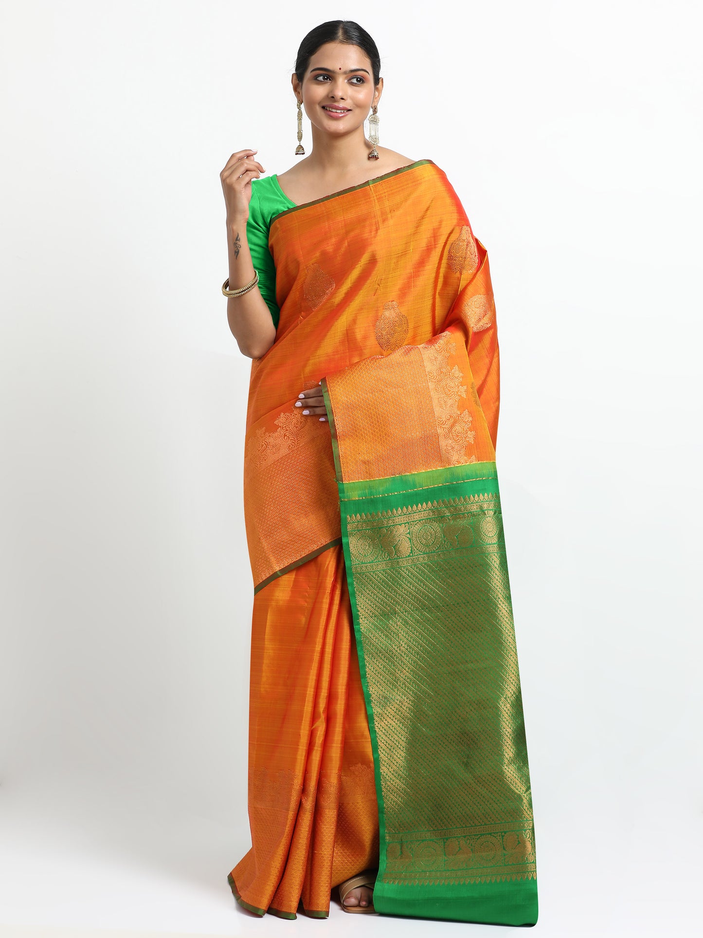 Dual Tone Gold And Rani Pink Tone Body With Green Pallu Kanchipuram Pure Silk ( MDP-KN6 )
