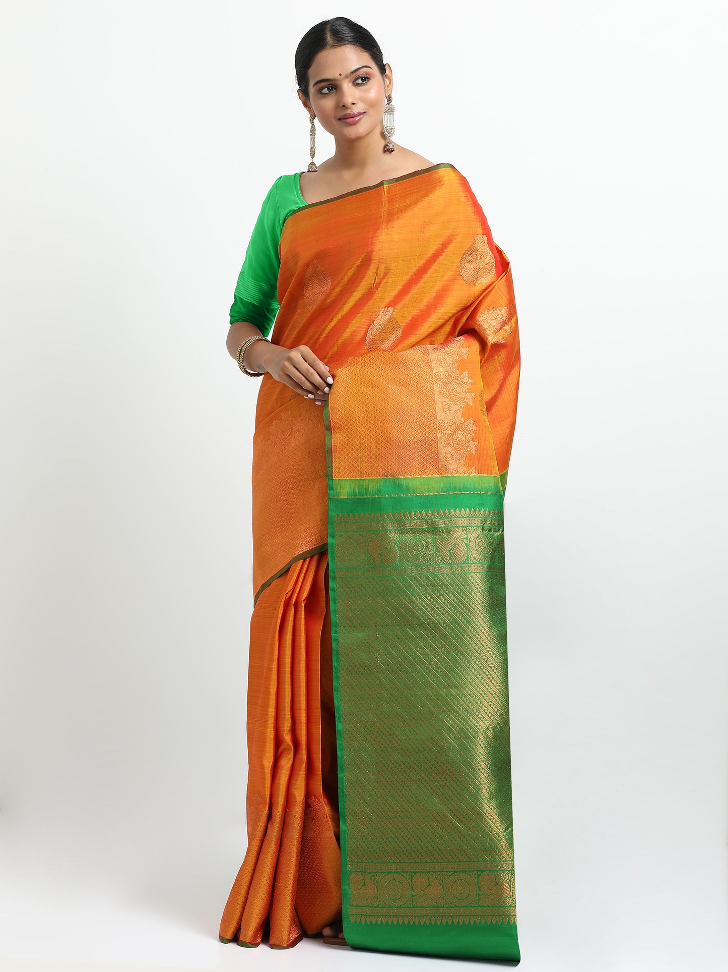 Dual Tone Gold And Rani Pink Tone Body With Green Pallu Kanchipuram Pure Silk ( MDP-KN6 )