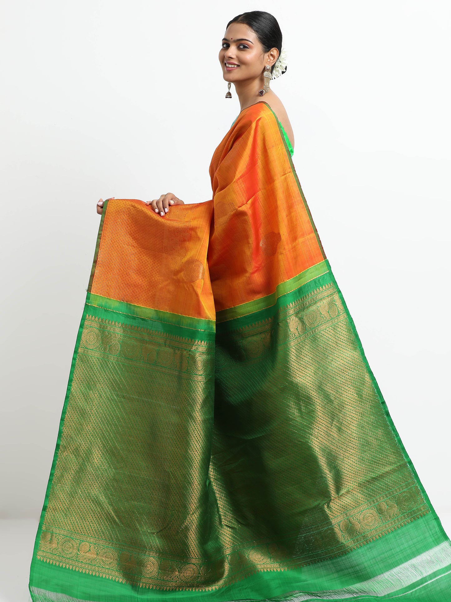 Dual Tone Gold And Rani Pink Tone Body With Green Pallu Kanchipuram Pure Silk ( MDP-KN6 )